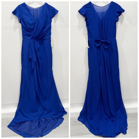 LanTing Cap Sleeve Formal Evening Gown Royal Blue Bow Back Flowy Wrap Front - Picture 1 of 7